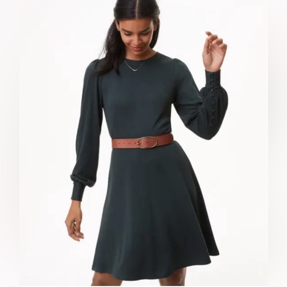 Loft‎ Petites dark green fit & flare blouson dress long sleeve size 0P